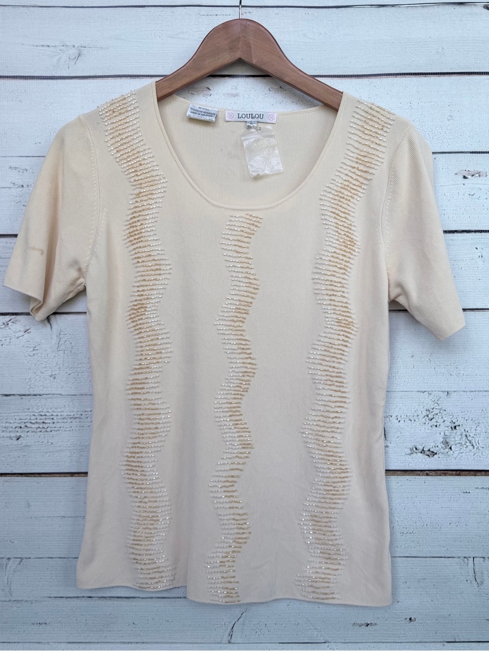 Loulou Beaded Short Sleeve Knit Sweater Top Blouse